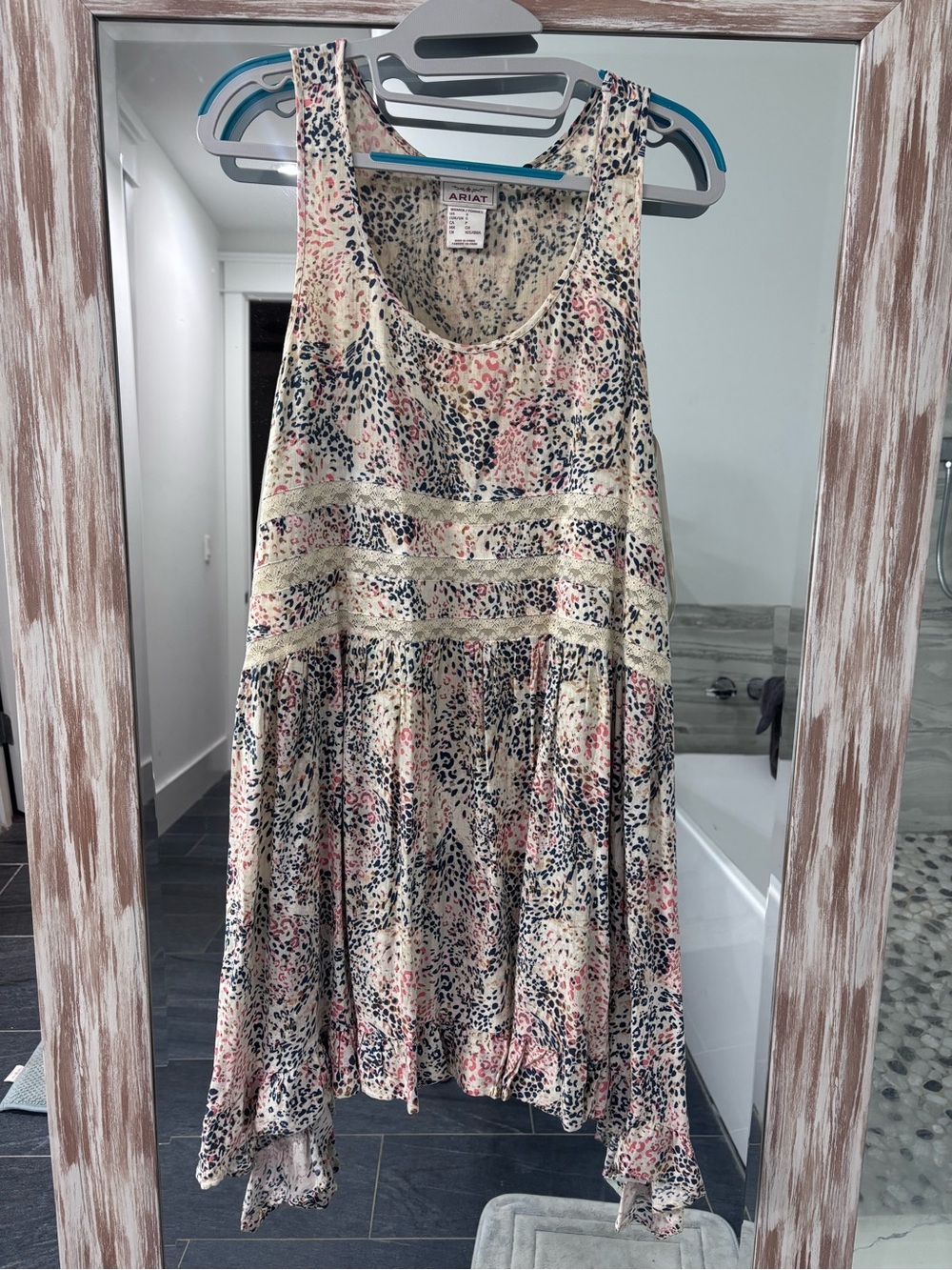 Ariat Cream, Pink, and Navy “Leopard” Print boho hankerchief dress